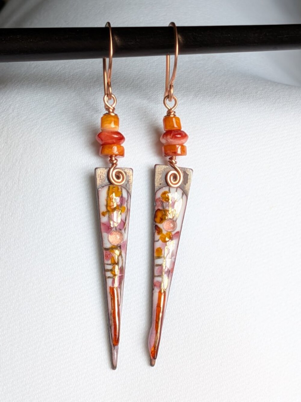 Distinctive and Elegant Copper Dagger Earrings with Orange Spiny Oyster Accents